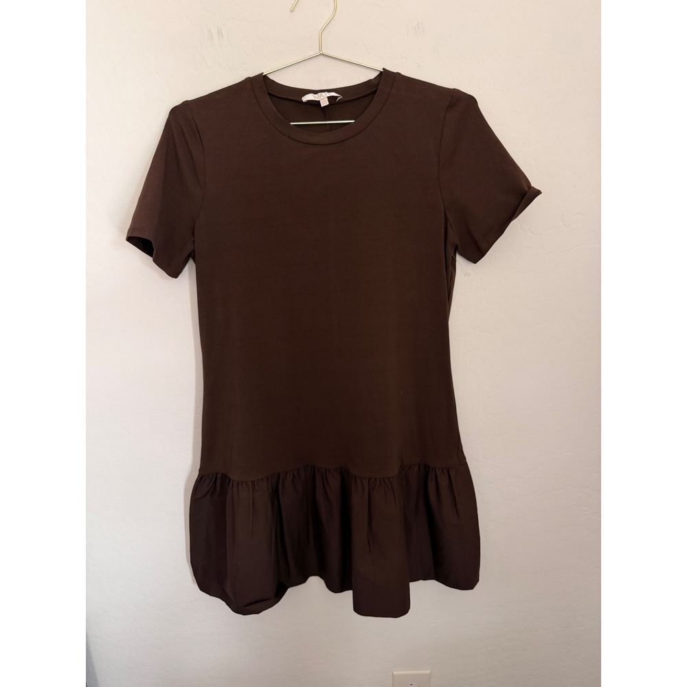 WAYF Brown Short Sleeve Drop Waist Flounce Hem Mini Dress Large Earthy Autumn
